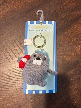 Piper K Crocheted Seal Bag Charm Keychain in Gray, Red & Light Blue